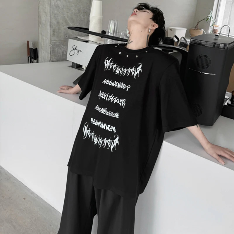 LUZHEN Metal Printed Short Letter Sleeved Rivet T Shirts Decorate n Trendy Summer Shoulder Pad Mens Street Tops LZ9726 250520