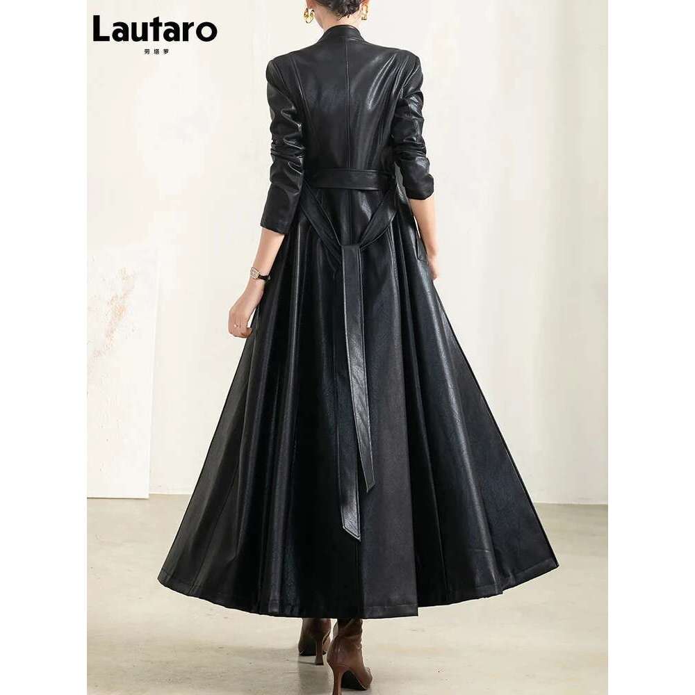Lautaro Spring Autumn Black Soft Waterproof Faux Leather Coat Women Belt Long Sleeve Single Breasted Fashion 2022 Designer