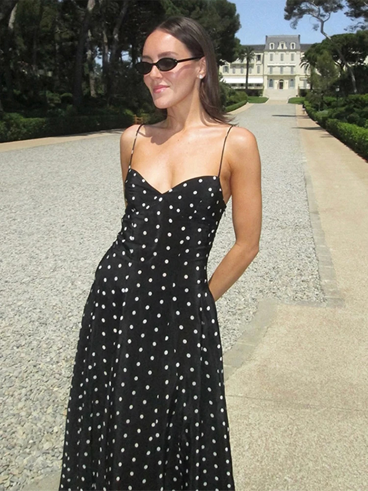 Dot Print Strapless Sling Womens Long Dress Elegant V Neck Sleeveless Pleated Maxi Dresses Female Spring Summer Party Robe 250520