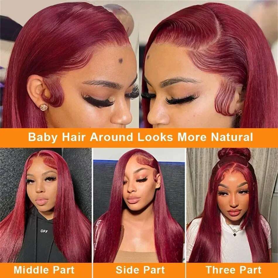 250 Density 30 32 40 Inch 99J Bury Straight 13x4 Front Human Hair Wig 13x6 HD Lace Frontal Wigs Red Remy Brazilian Wine