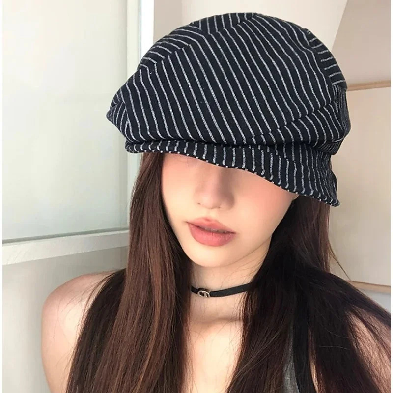 Japanese Classic Color Matching Striped sboy Hats Women Summer Breathable Versatile Show Face Small Retro Literary Berets 250520