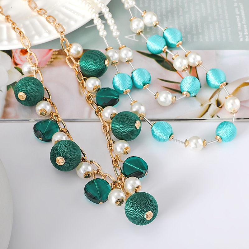 Turquoise color layered fashion necklace, women's string ball, pearl, light accessory