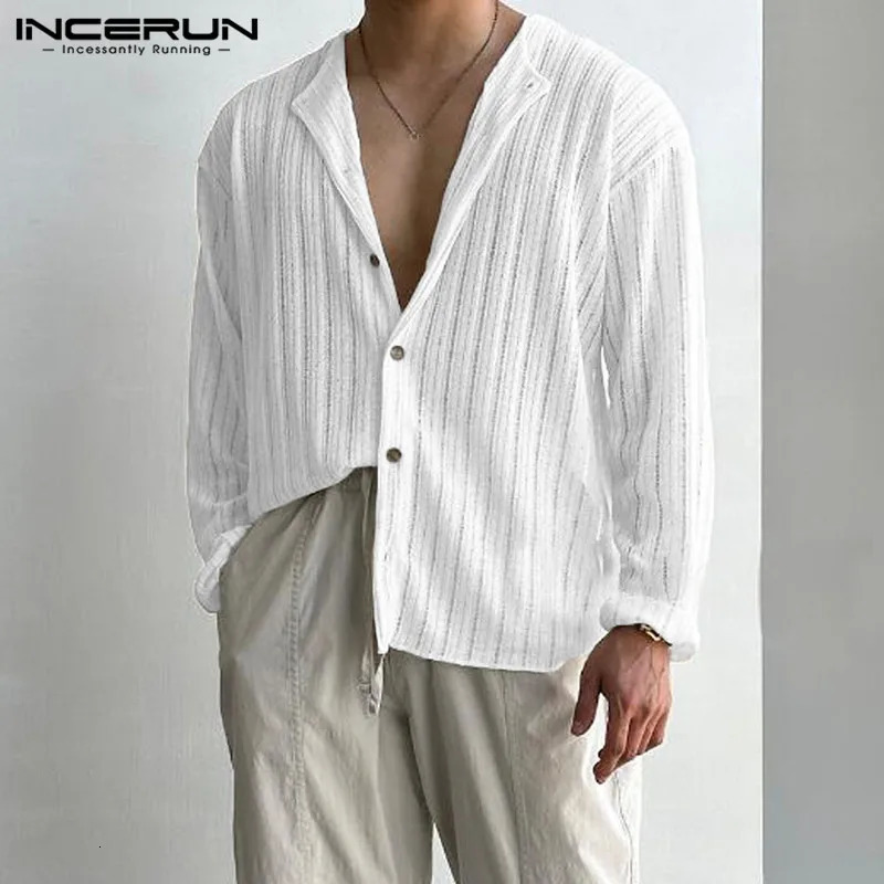 INCERUN Men Shirt Striped V Neck Long Sleeve Button Streetwear Clothing Autumn Knitted Korean Style Casual Shirts S5XL 250520