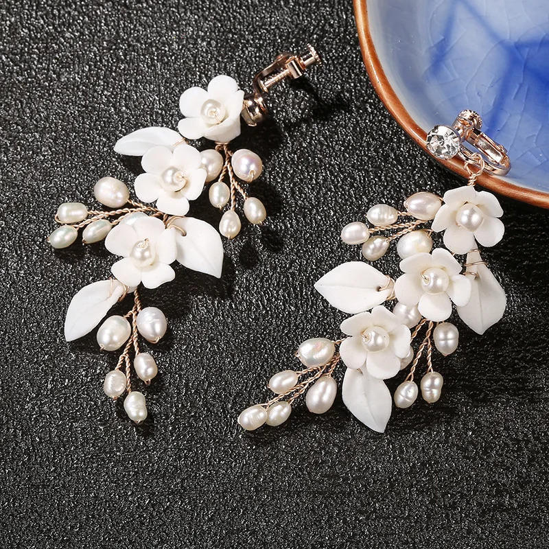 Freshwater Pearls Wedding Bridal Earrings White Porcelain Flower Women Drop Earring Handmade Jewelry 250517