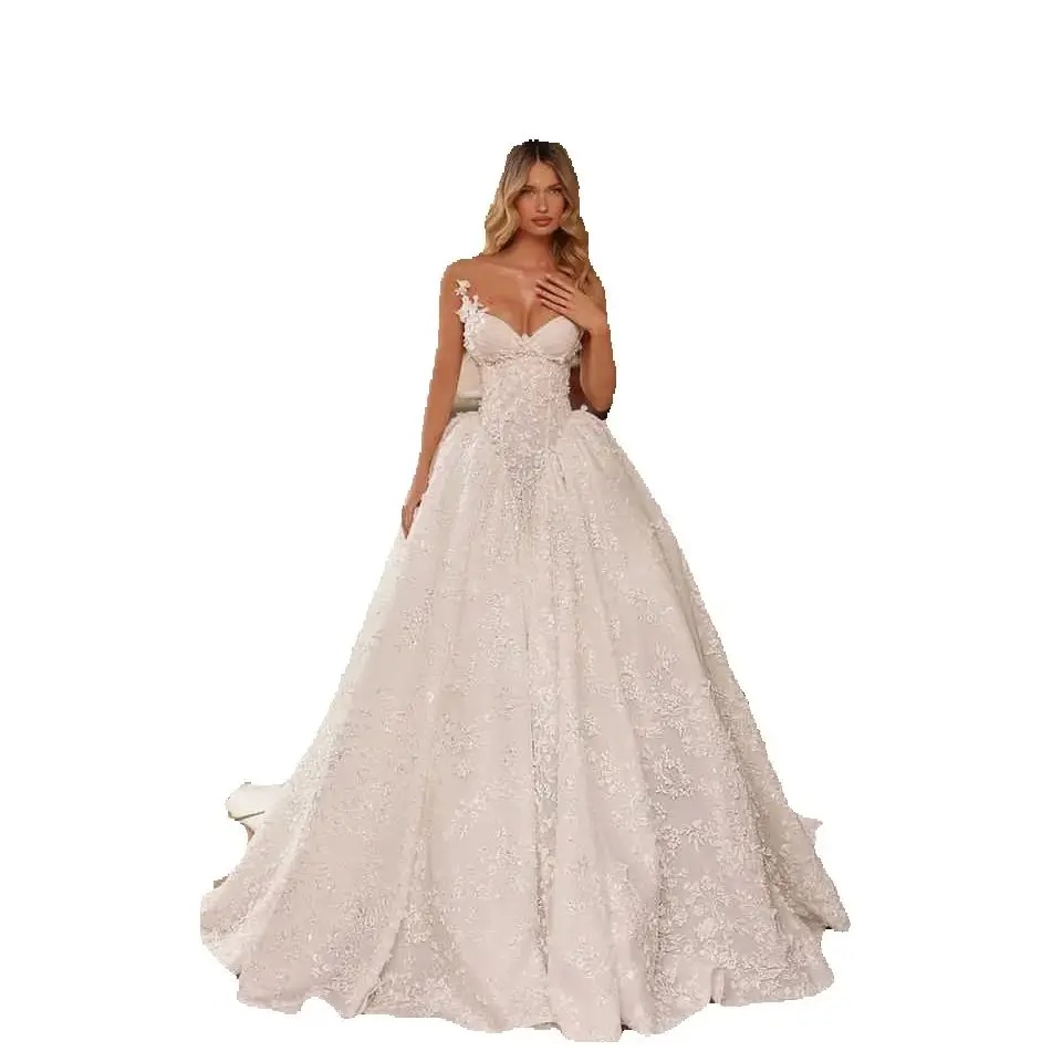 Simple Strapless Lace A Line Wedding Dress Elegant Sleeveless Applique Bridal Dress Floor Length Customized vestidos de novia
