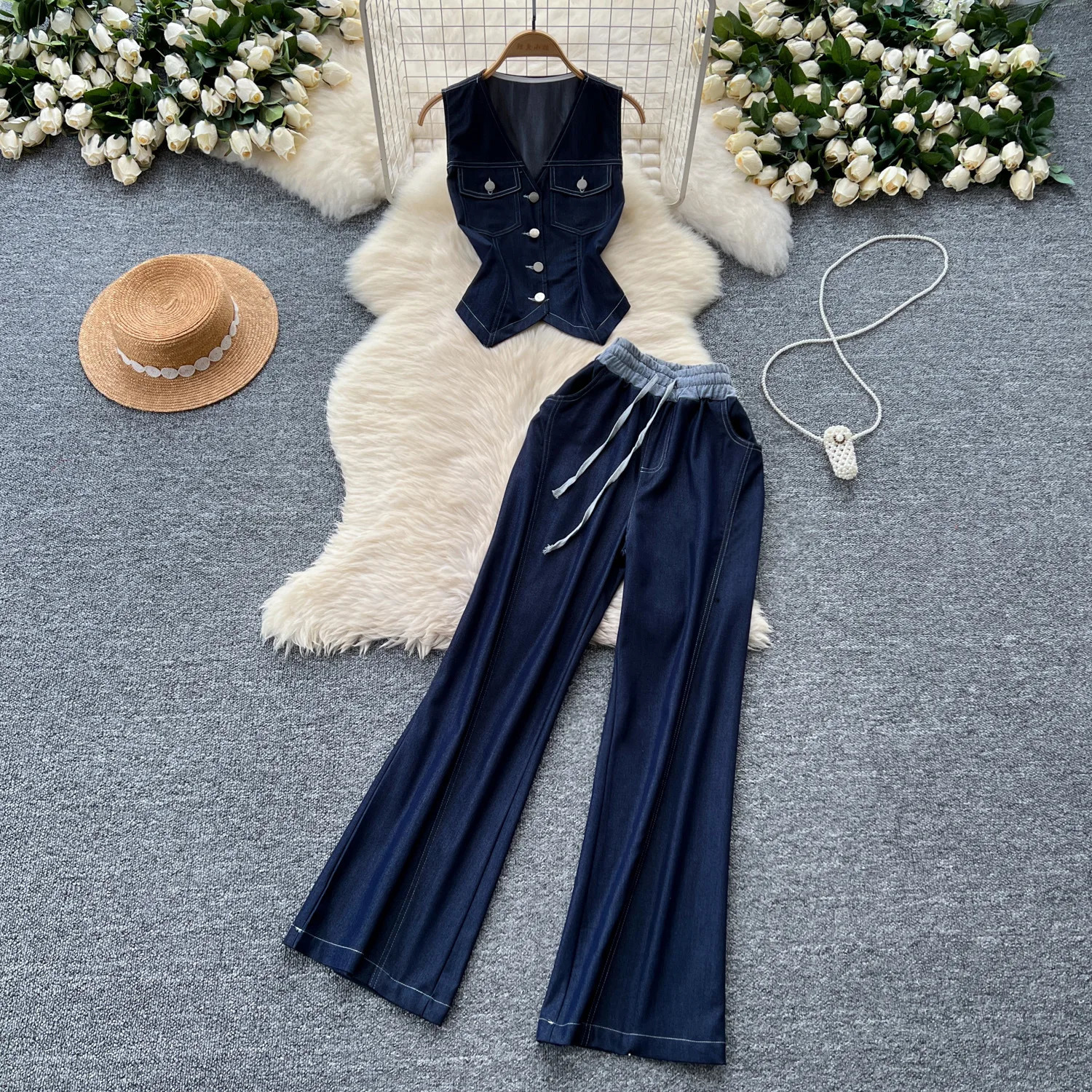 Two Piece Set Women Pant Sets V Neck Denim Y2k Streetwear Matching Sets Vest Top Wide Leg Long Pants Lace Up High Waist 250516