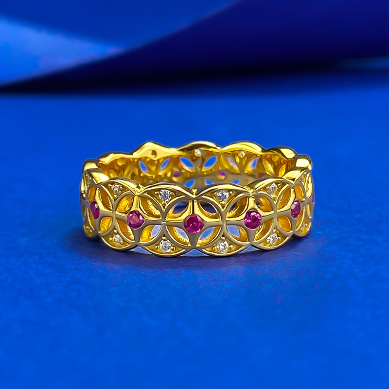 New Vintage Chinese Coin Design Gold-Plated S925 Sterling Silver Ring with Floral Detailing