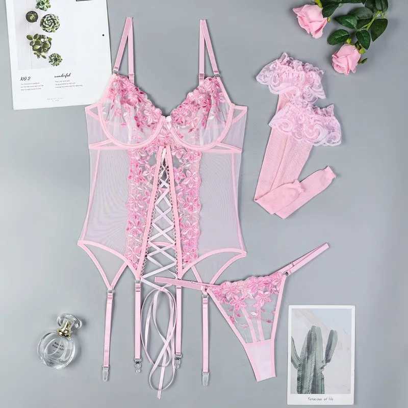 Sexy Lingerie Embroidery Suit for Women Mesh Patchwork Lace Up Hollow Out See-through Garters Stocking Underwear Set New R250520