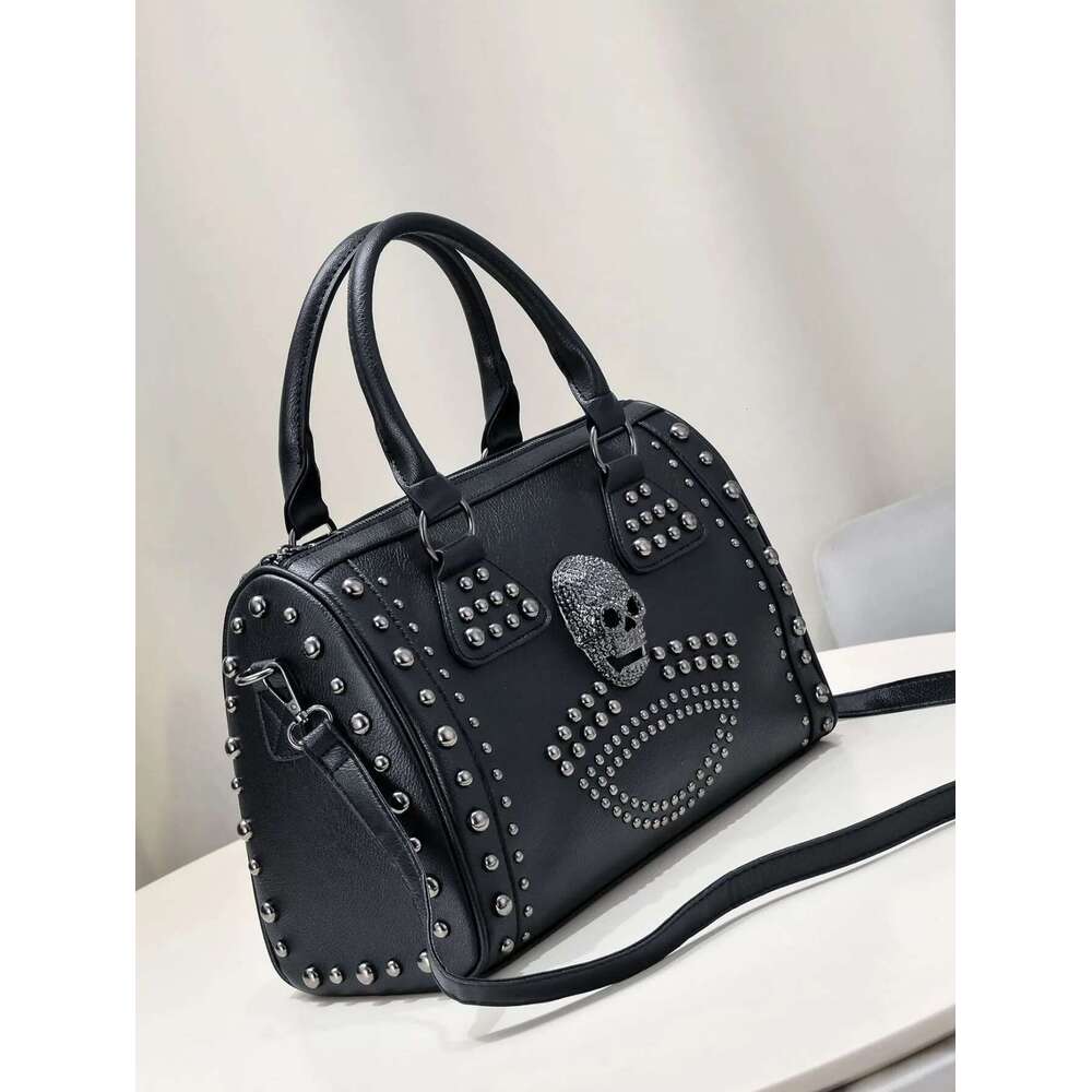 Dark Punk Style Handbag Personality Rivet Trend Boston Large Capacity Shoulder Messenger Black Bag