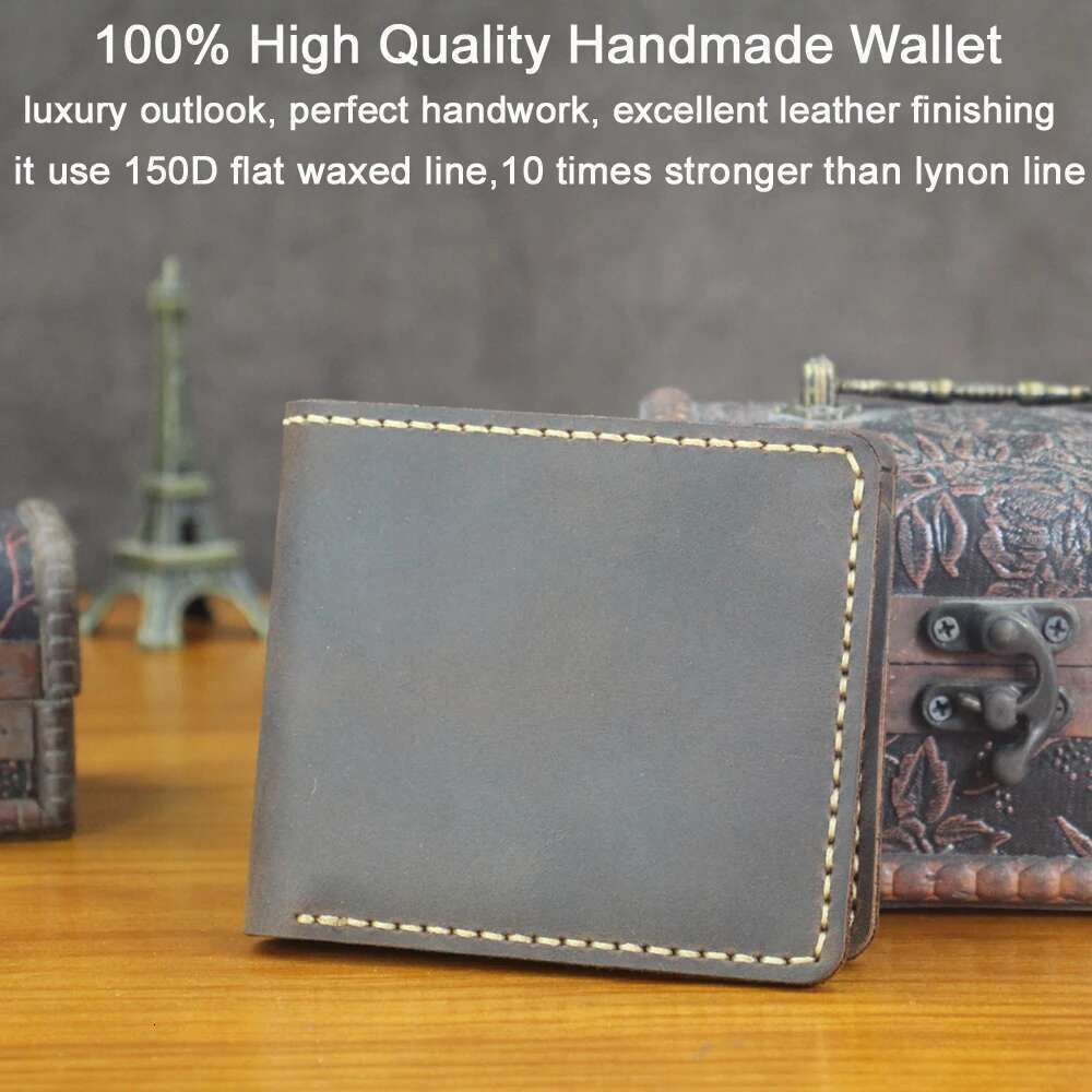 Handmade Genuine Men Bifold Purse Male Short Wallet with Coin Pocket Clips Vintage Leather Money Bag