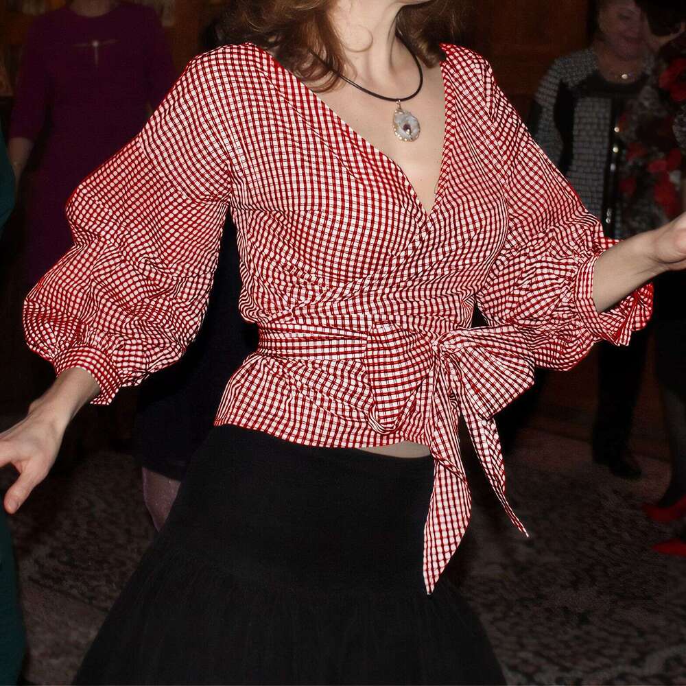 Women's Wear D3319 Summer Large Fashion V-Neck Bubble Sleeve Big Bow Decorative Shirt Checkered Strap Top
