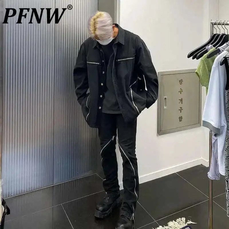 PFNW Washed Old High Street Black Denim Jacket Mens Fashion Arcade Zipper Pocket Oversized Single Breasted Coat 28W5520 250516