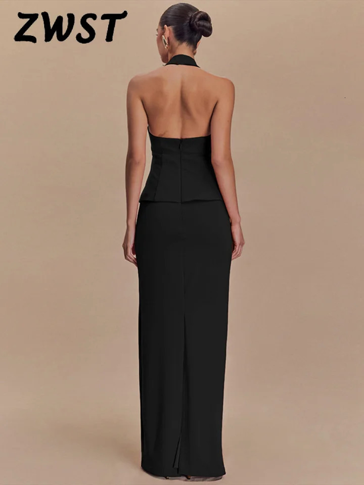 Red Halter Women Vest Set Sexy Hip Package Split Lady Maxi Skirt Suit Fashion Sleeveless Evening Party Female 2 Piece 250520