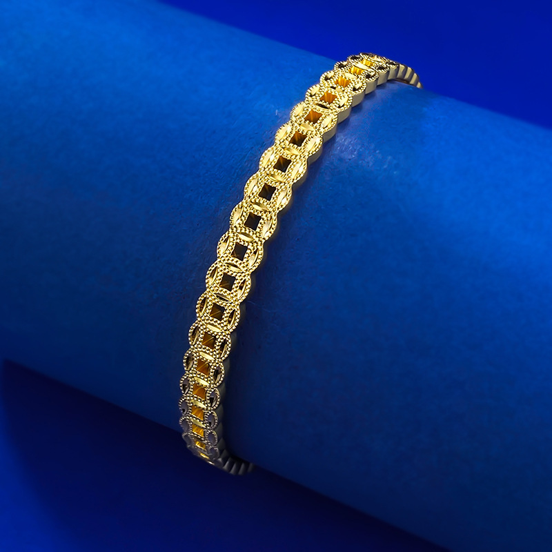 New S925 Sterling Silver Gold-Plated Traditional Chinese Coin Bracelet - Ancient Feng Shui Design for Wealth and Prosperity