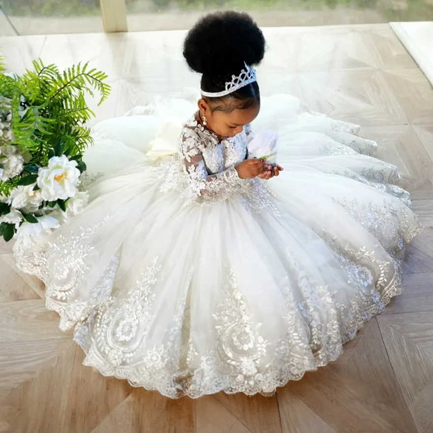 African White Ivory Flower Girl Dresses for Bride Jewel Long Sleeves Appliqued Beaded Lace Tiered Tulle Flowergirl Dresses Little Kids Birthday Party 