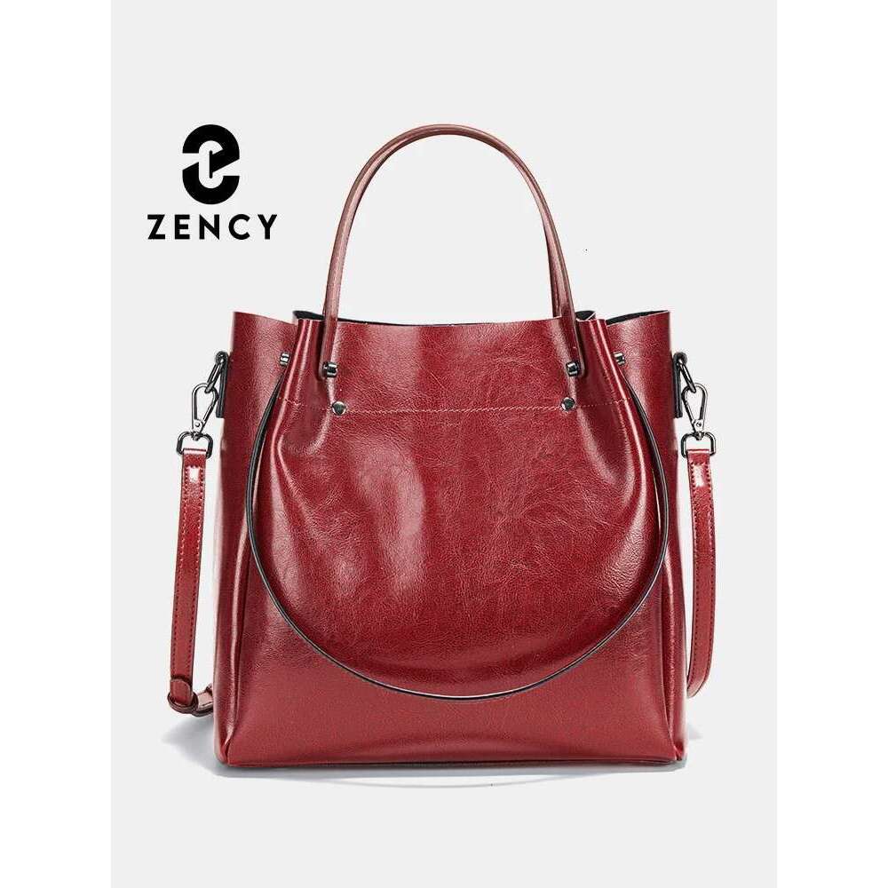 Zency Women Shoulder Cowhide Leather Large Capacity Handbag Multifunction Use Crossbody Messenger Bag Bucket Shopper
