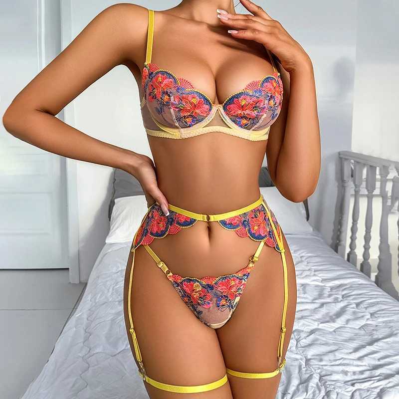 Piece Set Embroidery Flower Lingerie Sets Summer Sexy Contrast See Throught Lace Underwear Outfits For Party Night Club R250520