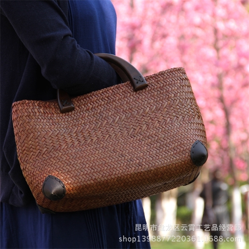 Straw bag woven womens bag rattan bag straw bag wooden handle handbag new bag 241127