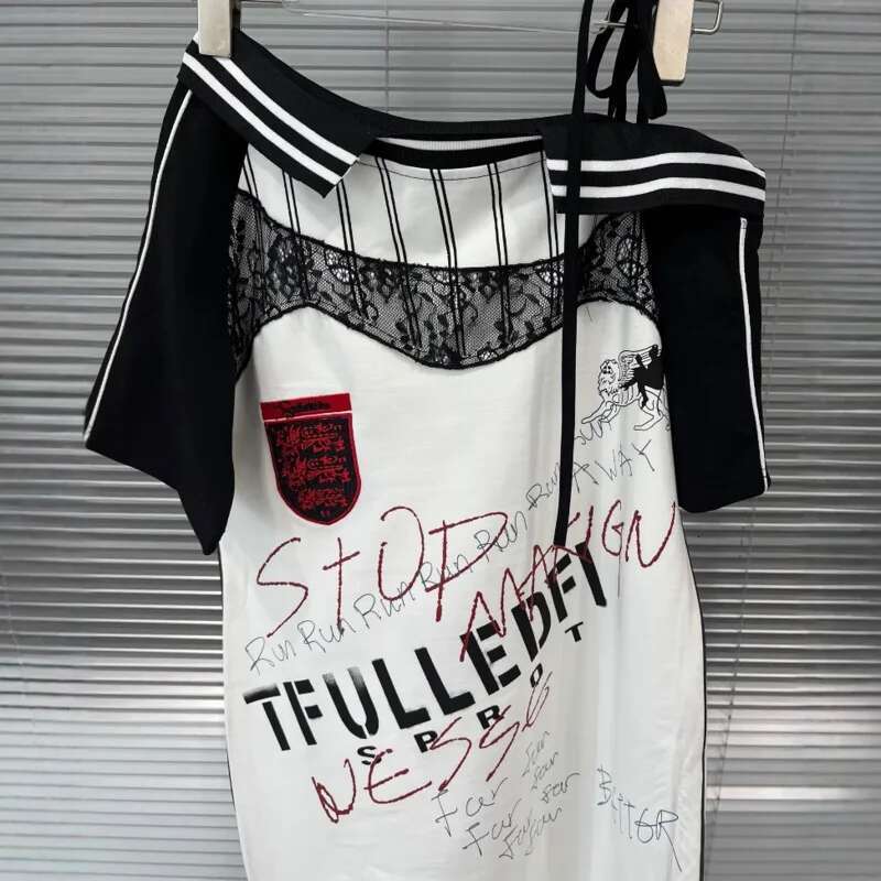 Fashion Women's Sports Style Lace Patchwork Letter Contrast Color Short Sleeves Dress Female New Items 11A03857