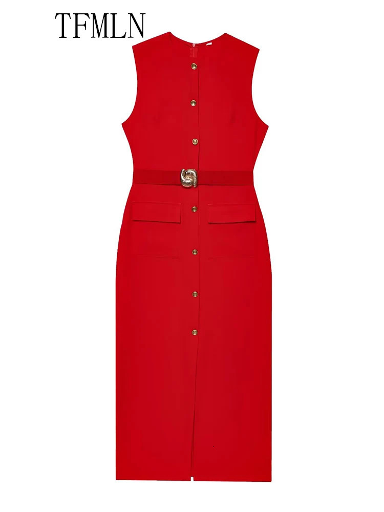 TFMLN Elegant Women Midi Dress With Belt Summer Oneck Single Breasted Sleeveless Pocket Dresses Front Slit Solid 250520