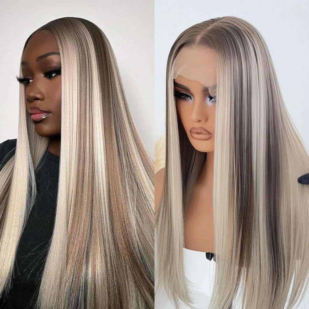 13x4 Front Wig Highlight Ash Blonde Straight Synthetic Lace Wigs for Women Preplucked Hairline Natural Density Long Hair