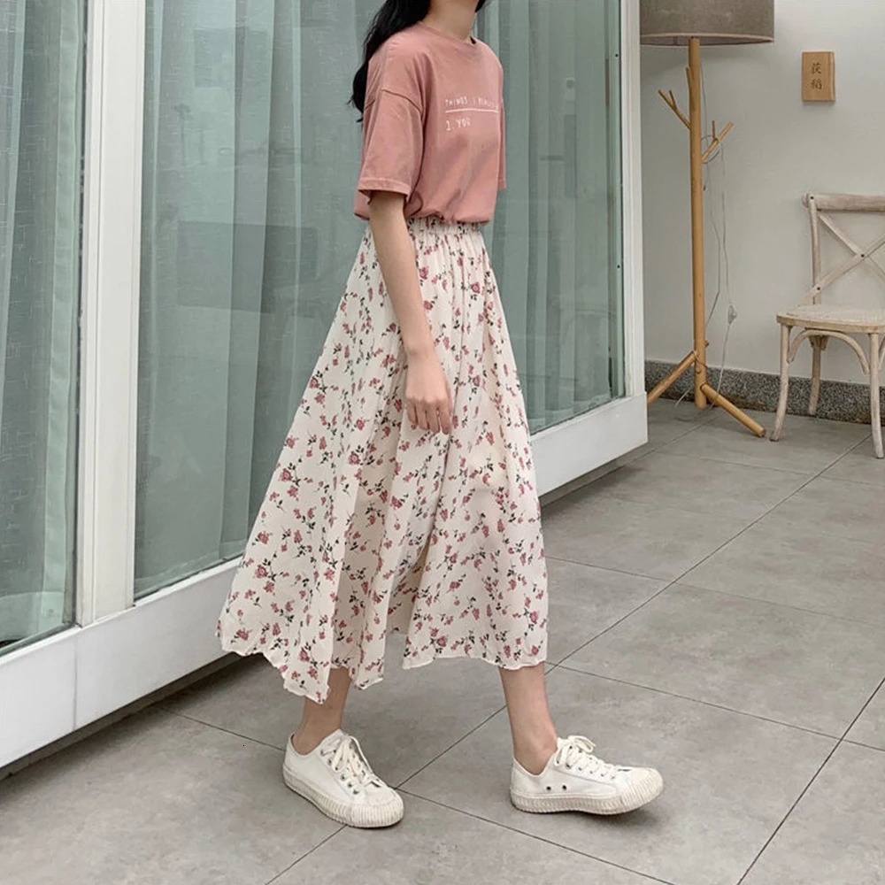 Vintage Floral Print Aline Pleated Long Skirts Summer Women Korean Skirt Streetwear Drawstring Elastic Waist Midi 250520