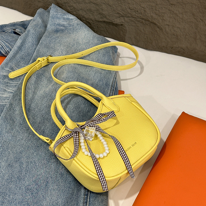 2025 Summer New Fashionable Simple Handbag Korean Version Butterfly Knot Niche Lychee Pattern Crossbody Bucket Bag