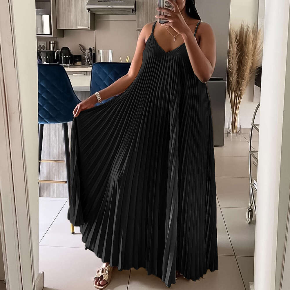 Women's Wear Women's New Summer Vacation Style Pleated V-Neck Beach Strap Long Dress