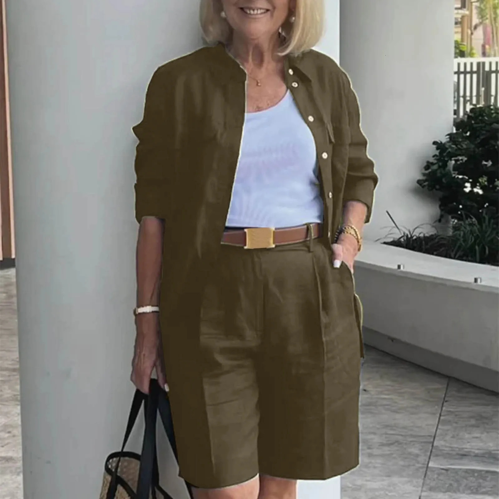 Elegant 2-Piece Sets For Women Womens Cardigan Shirt Top Summer Solid Color Casual Shorts Two Piece In Matching Sets 250516