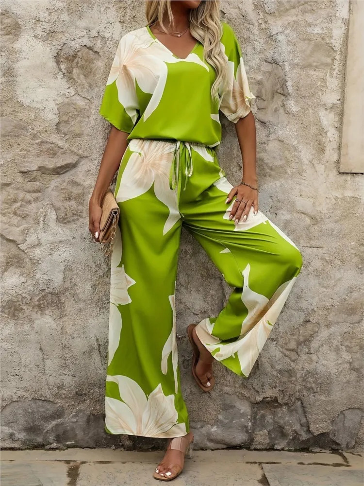 Fashion Print Two Piece Set For Women Casual V-neck Short Batwing Sleeve Top And High Waist Wide Legs Pants Loose Sets Female 250516