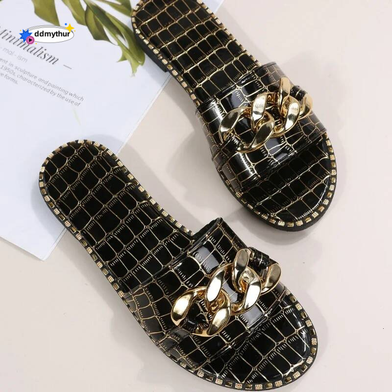 Plus Size 35-43 Leopard New European American Metal Chain Square Toe Flat Shoes Women'S Sandals Slippers ddmythur