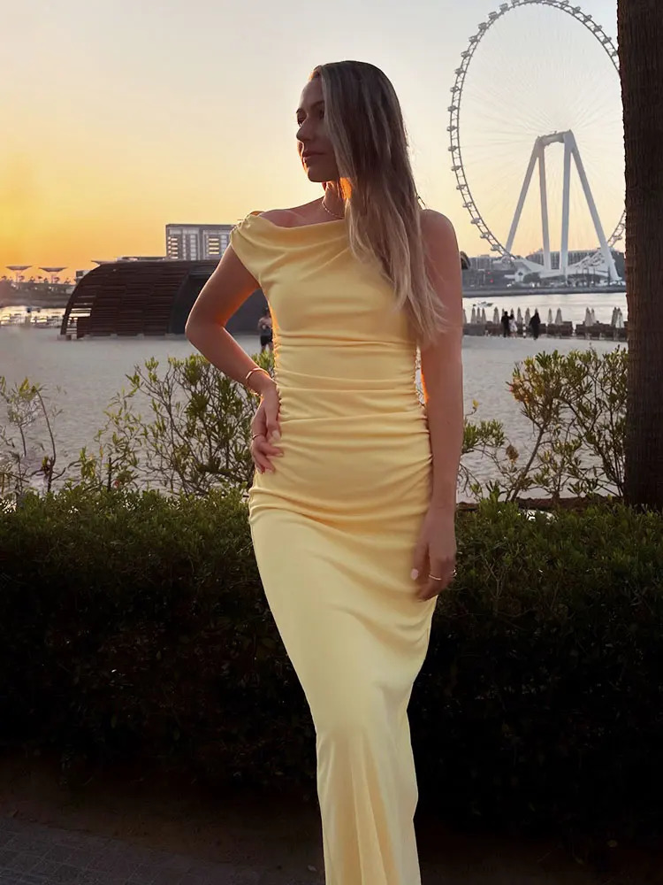 TRAFZA Elegant Yellow Dress For Women Sleeveless Draped Midi Dresses Sexy Off Shoulder Evening Y2K Summer Holiday Vestidos 250520