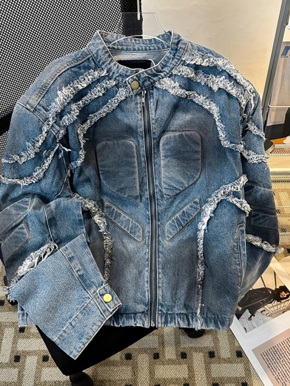 Fashion Shoulder Padded Long Sleeve Zipper Denim Coats Mens 2025 Spring Autumn Handsome Tops Trendy Male Motorcycle Jackets 250516
