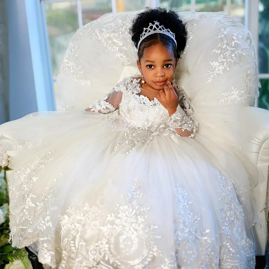 African White Ivory Flower Girl Dresses for Bride Jewel Long Sleeves Appliqued Beaded Lace Tiered Tulle Flowergirl Dresses Little Kids Birthday Party 