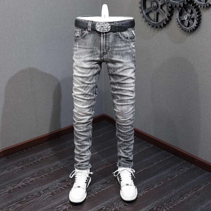 Newly Designer Fashion High Quality Retro Dark Gray Elastic Slim Fit Ripped Jeans Men Vintage Casual Denim Pants Homme