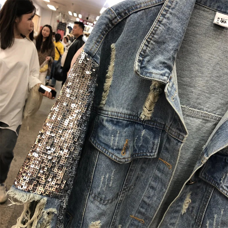 European Style Spring Autumn Sequins Loophole Denim Coat Womens Loose Fashion Personality Street Jean Jacket Clothes 250519