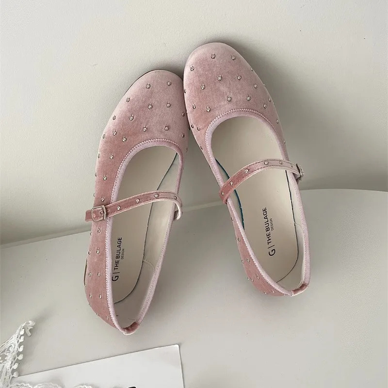 Rivet Decor Velvet Mary Janes Shoes Women Round Toe Elegant Ballet Flats Shoes Ladies Buckle Strap Spring Autumn Loafers 250515