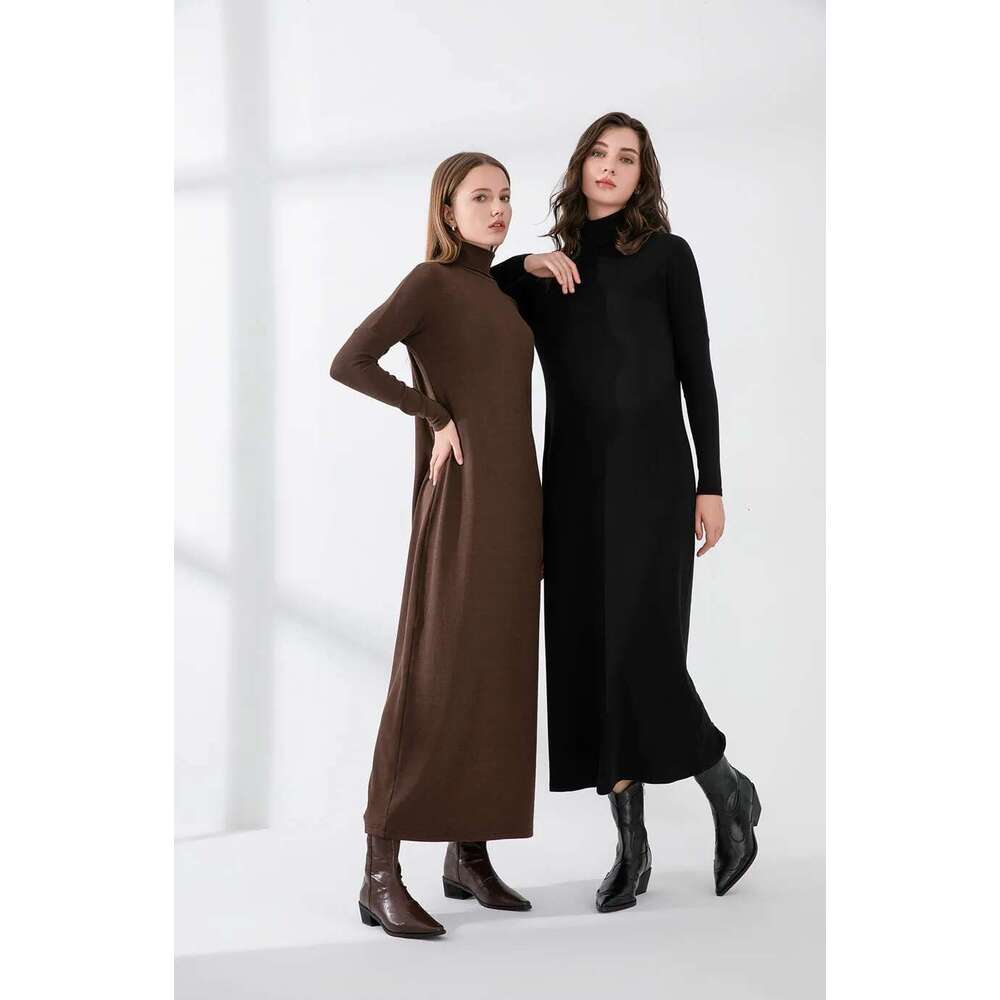 AS 2024 Winter Turteneck Thicken Ribbing Soft And Comfortable Basic Turn-Down Collar Maxi Dress ( Ship Out In 1 Day) Designer