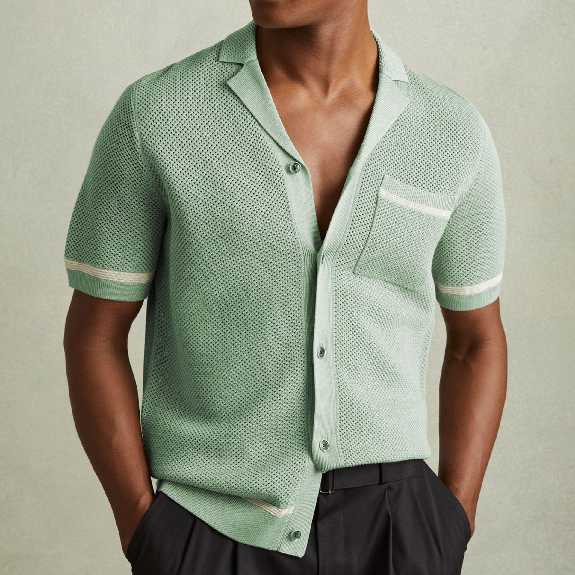 Sexy Hollow Men's Knitted Summer Cuban Collar Short Sleeve Polo Shirt SY0103