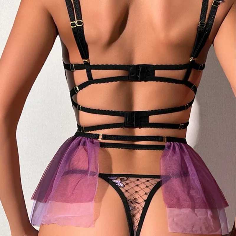 Purple Lingerie Set Sexy 4-Piece Mesh Embroidered Hollow Flower Cute Metal Charm Clips Uniform Apron Suits for Sexy Costume Play R250520