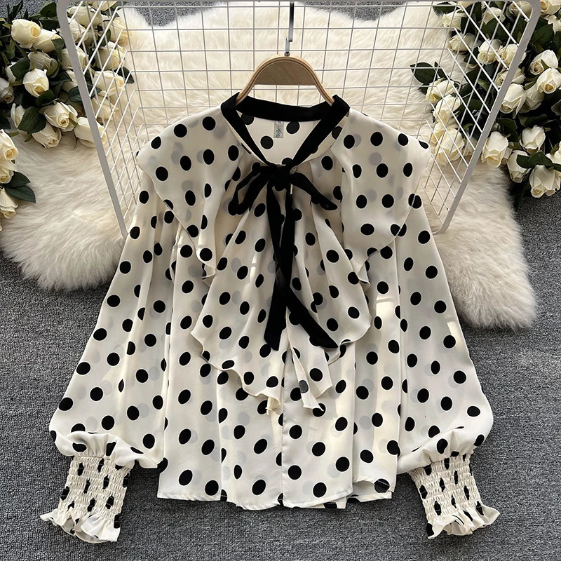HELIAR Women Elegant Office Chiffon Shirts Polka Dot Printed Long Sleeve Blouse Ruffles Sweet Tops Casual Thin Harajuku Tees 250520