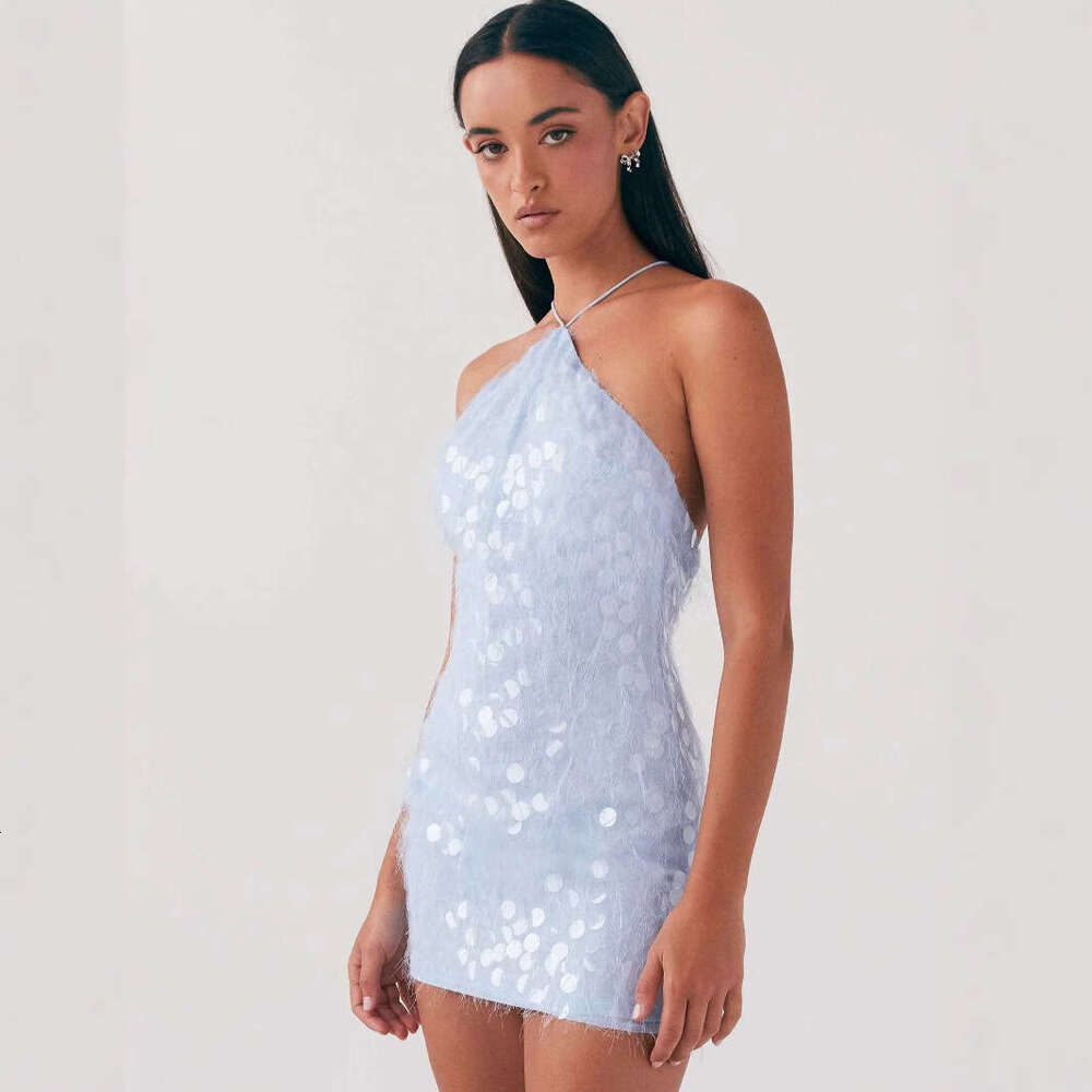 Desin a sexy and pure neck hanin bead piece, backless cross strap slim short European station party liht dress, summer 2025 new casual fashion trend