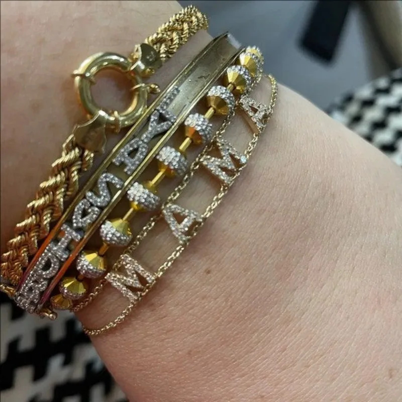 18K Gold Double Chain Pave Initial Bracelet Personalized Name Bracelet Special Gift For Her 250520
