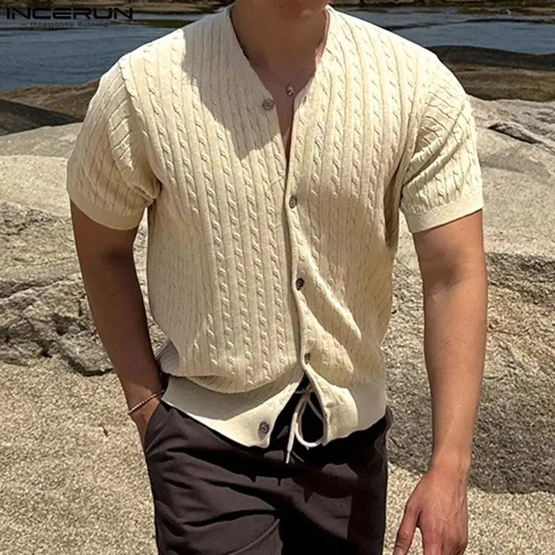 INCERUN Men Shirt Solid Color V Neck Short Sleeve Streetwear Summer Clothing Korean Style Knitted Fashion Male Shirts 250520