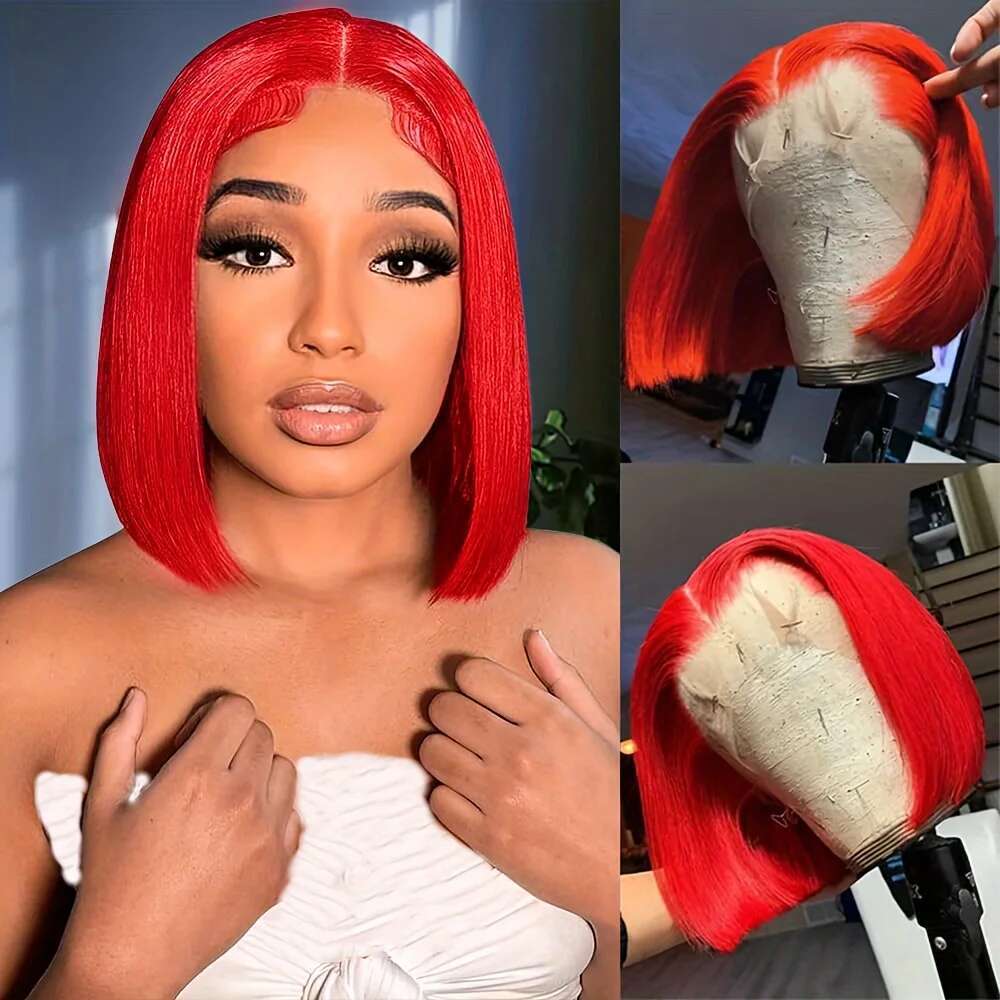 13x4 Red 150% Density Straight HD Transparent Lace Front Wigs Human Hair Colored Bob Wig