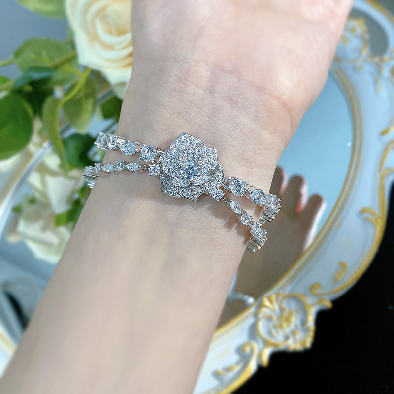 New S925 Silver Full Diamond Inlay Camellia Flower Bracelet, Elegant Luxury Jewelry for Women, Ideal Gift for Special Occasions