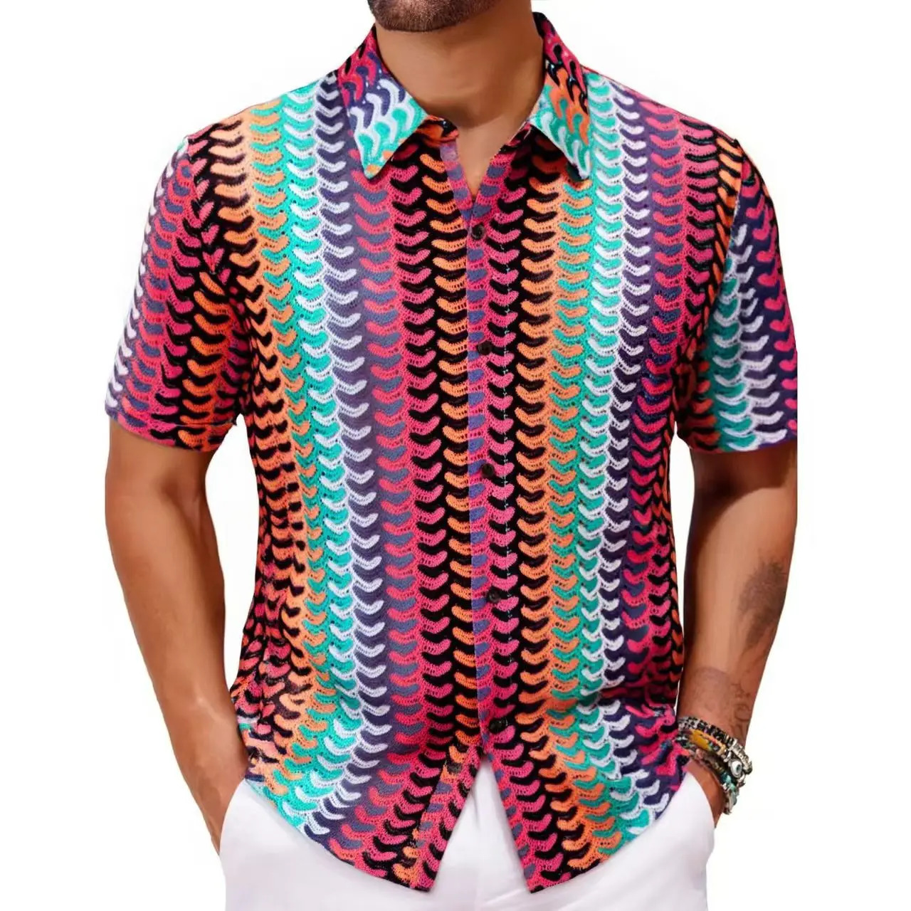 Spring Summer Fashion Beach Casual Mens Shirts Knitting Cardigan For Men Vintage Striped Colorful Hollow Breathable Lapel Shirt 250520