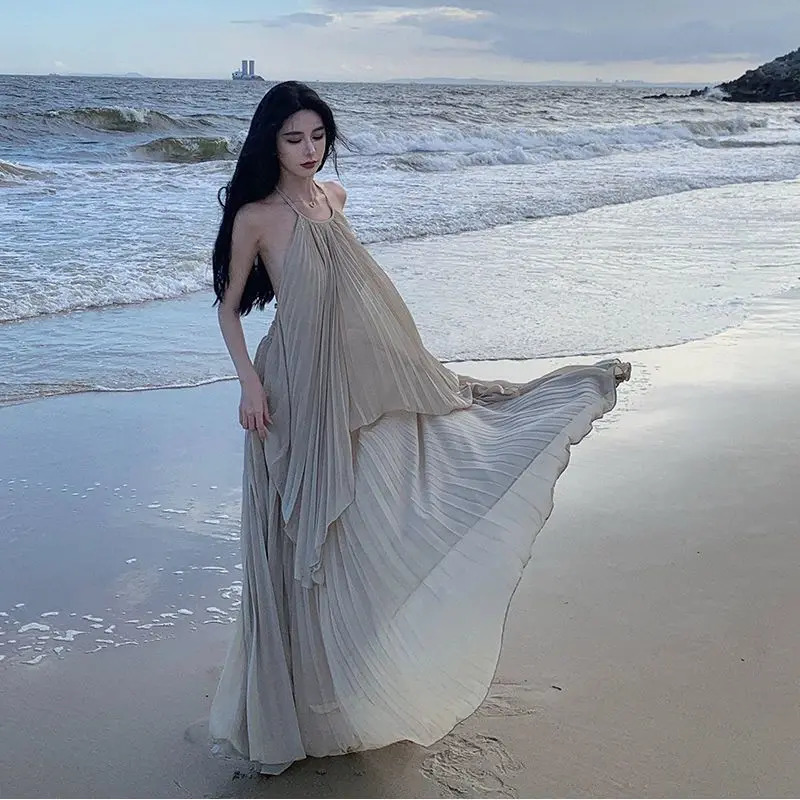 Womens Sexy Halter Laceup Backless Elegant Party Long Dresses Summer Solid Sleeveless Fairy Beach Vacation Pleated Maxi Dress 250520