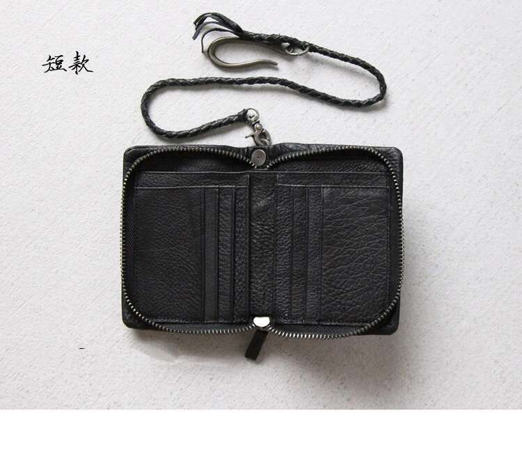 Fashion PUNK Stud Genuine Leather Men Bifold Short Wallet Zip around Male Purse Cowhide Money Bag Clip with Chain Black