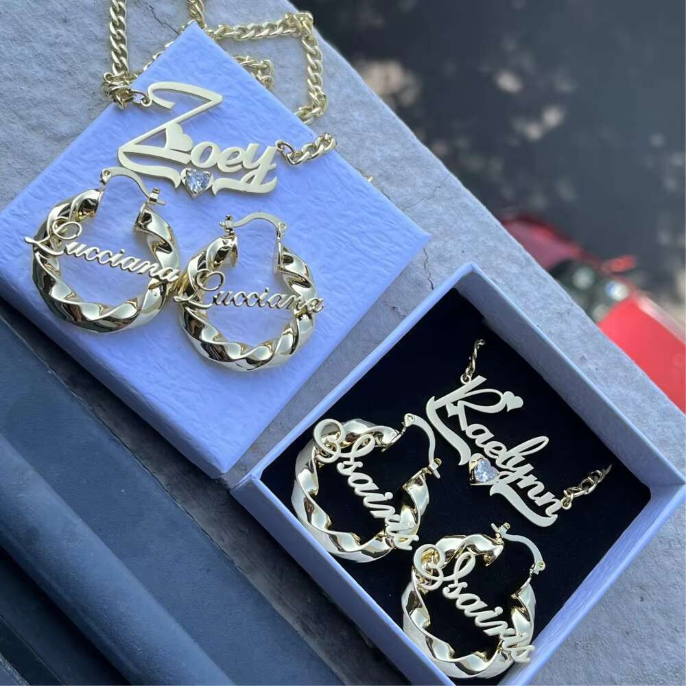 Autumn Cold Personalized Nameplate Heart shaped Zircon Necklace Letter Circle Earring Name Jewelry Set